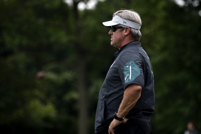 Philadelphia Eagles Head Coach Doug Pedersen and team members attend practice at the NovaCare Complex in South Philadelphia a day after the canceled invite to the Super Bowl Championship celebration at the White House. (Bastiaan Slabbers for WHYY)