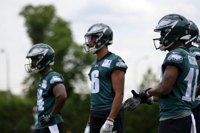 Philadelphia Eagles team members attend practice at the NovaCare Complex in South Philadelphia a day after the canceled invite to the Super Bowl Championship celebration at the White House. (Bastiaan Slabbers for WHYY)
