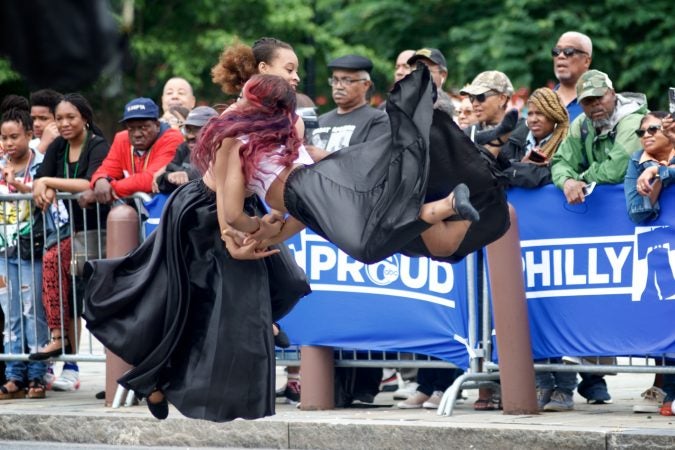 Dancers perform for a small crowd gathered at Independence Mall, during the Juneteenth Parade, on Saturday. (Bastiaan Slabbers for WHYY)