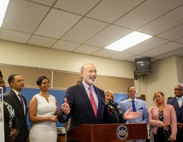 Governor Tom Wolf speaks at an event at Roosevelt Elementary School in Philadelphia Friday. (Brad Larrison for WHYY)