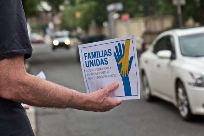 The ACLU and human rights groups rallied outside of the Center City offices of ICE in Philadelphia to protest the practice of separating children from their families. (Kimberly Paynter/WHYY)