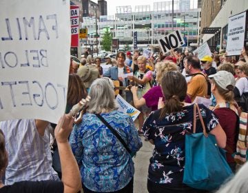 The ACLU and human rights groups rallied outside of the Center City offices of ICE in Philadelphia to protest the practice of separating children from their families. (Kimberly Paynter/WHYY)