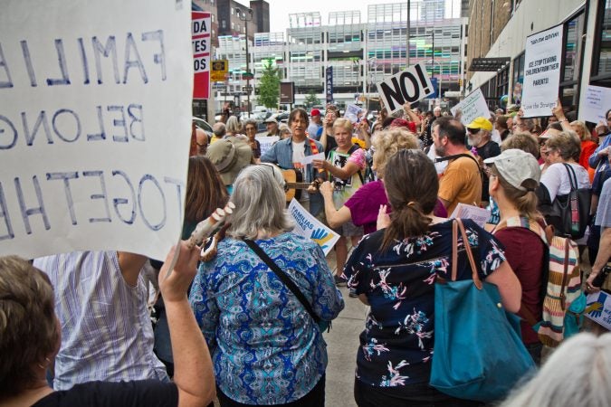 The ACLU and human rights groups rallied outside of the Center City offices of ICE in Philadelphia to protest the practice of separating children from their families. (Kimberly Paynter/WHYY)