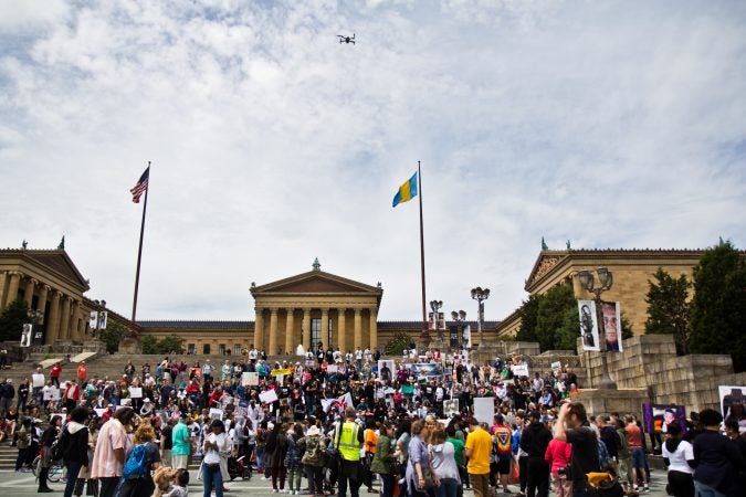 Hundreds of young people protest gun violence on the steps of the Philadelphia Museum of Art. A drone overhead was sent to capture a photograph of the crowd. (Kimberly Paynter/WHYY)