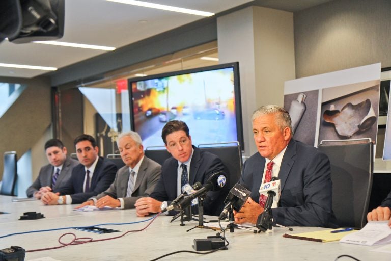 Legal representatives of the victims of a fatal propane tank explosion at Third and Wyoming streets in Philadelphia in July 2014 discuss a $160 million settlement. (Kimberly Paynter/WHYY)