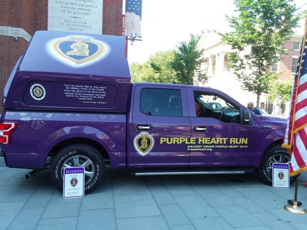 The 2018 Purple Heart Truck Run stops in Philadelphia, June 20, 2018. (Maya Aphornsuvan for WHYY)