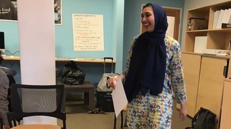 Sahar Pirzada, program and outreach manager for HEART, leads a workshop at Peace Over Violence in downtown Los Angeles.
(Josie Huang/KPCC)