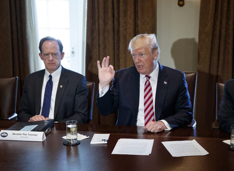 Sen. Pat Toomey, R-Pa., left, listens as President Donald Trump speaks during a meeting with lawmakers about trade policy in the Cabinet Room of the White House, Tuesday, Feb. 13, 2018, in Washington.