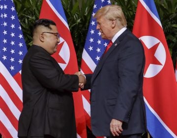 U.S. President Donald Trump shakes hands with North Korea leader Kim Jong Un at the Capella resort on Sentosa Island Tuesday, June 12, 2018 in Singapore. (AP Photo/Evan Vucci)