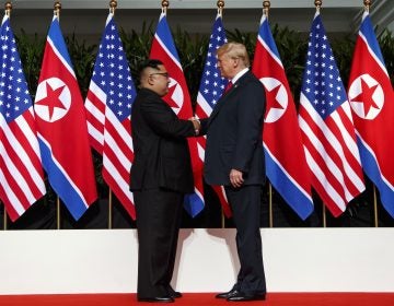 In this June 12, 2018, file photo, North Korean leader Kim Jong Un and U.S. President Donald Trump shake hands prior to their meeting on Sentosa Island in Singapore. (Evan Vucci/AP Photo, File)