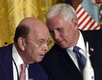 Vice President Mike Pence, right, leans over to talk to Commerce Secretary Wilbur Ross, left, during a National Space Council meeting in the East Room of the White House in Washington, Monday, June 18, 2018. (AP Photo/Susan Walsh)