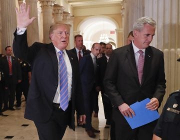 President Donald Trump, left, gestures as he walks with House Majority Leader Kevin McCarthy of Calif., right, while leaving the U.S. Capitol in Washington after meeting with GOP leadership, Tuesday, June 19, 2018. Walking behind them is Stephen Miller, center, White House senior adviser. (AP Photo/Pablo Martinez Monsivais)