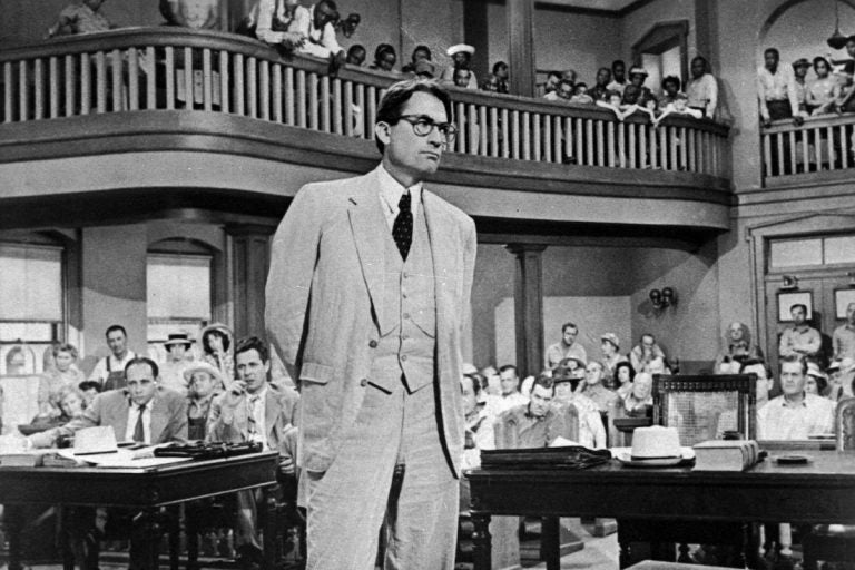 Gregory Peck is shown as attorney Atticus Finch, a small-town Southern lawyer who defends a black man accused of rape, in a scene from the 1962 movie 