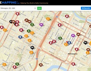 This screen capture from the CrimeMapping website shows recent incidents of crime in Wilmington. (CrimeMapping.com)