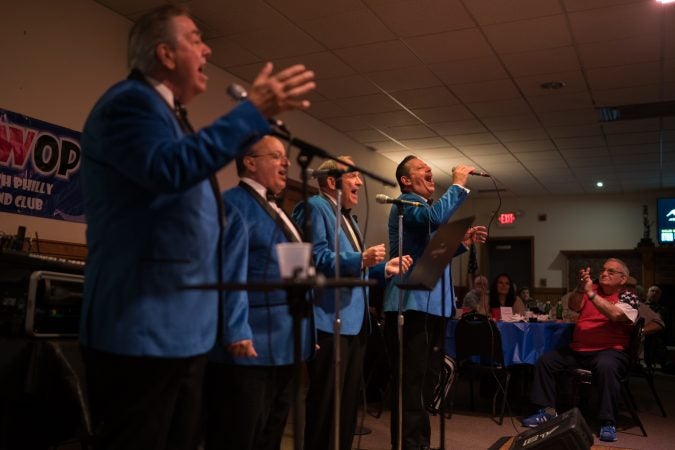 Blue Velvet performs at the Father's Day spaghetti dinner at the South Philly String Band Club. (Branden Eastwood for WHYY)