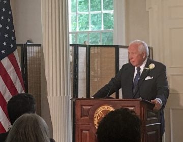 Pulitzer Prize-winning historian David McCullough speaks about a history award named in his honor at a Thursday ceremony in Philadelphia's Carpenters' Hall. (Taylor Allen for WHYY)
