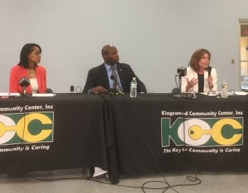 Three of four Democratic candidates for Delaware Attorney General debated in Wilmington. Seated left to right are Lakresha Roberts, Chris Johnson and Kathy Jennings.(Zoe Read/WHYY)