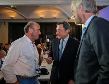 European Central Bank (ECB) President Mario Draghi speaks with Vice-President of the European Central Bank Luis de Guindos at the ECB Forum in Sintra, Portugal June 19, 2018.  European Central Bank/Handout via 