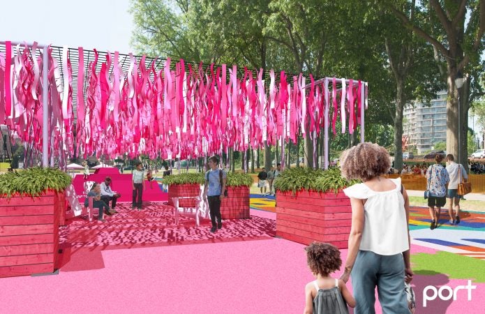 A ribbon pavilion will create a shady spot in tones of hot pink and red. | Rendering by PORT Urbanism