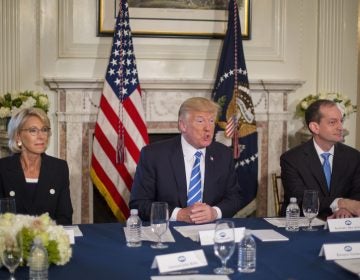 President Donald Trump, flanked by Education Secretary Betsy DeVos, (left), and Labor Secretary Alexander Acosta, answers questions in August of 2017, at Trump National Golf Club in Bedminster, N.J. Today the White House announced plans to merge the two departments. (Pablo Martinez Monsivais/AP)