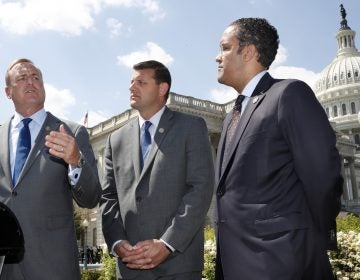 Rep. Jeff Denham, R-Calif., left, speaks next to Rep. David Valadao, R-Calif., and Rep. Will Hurd, R-Texas, during a May 9, 2018 news conference on a discharge petition to force votes on immigration legislatio