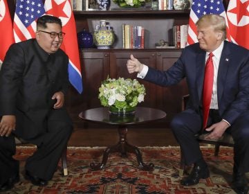 President Trump gives North Korea leader Kim Jong Un a thumbs up at their meeting at the Capella resort on Sentosa Island in Singapore on Tuesday