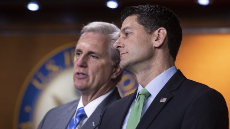 House Majority Leader Kevin McCarthy, R-Calif., and Speaker of the House Paul Ryan, R-Wis., confer during a news conference following a closed-door GOP meeting on immigration last week. J. Scott Applewhite/AP