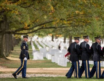 A casket team carries the remains of U.S. Army Cpl. Robert E. Meyers, a Korean War soldier, at Arlington National Cemetery in 2015. Meyers' remains were identified decades after his unit was involved in combat operations near Sonchu, North Korea. (Andrew Harnik/AP)