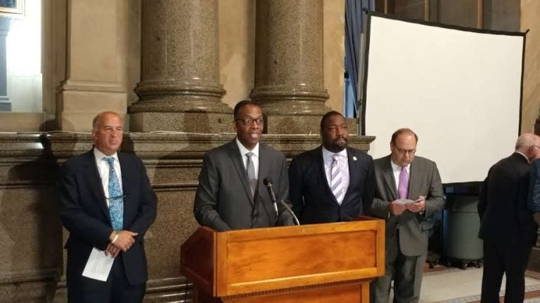Philadelphia Council President Darrell Clarke and other City Council members discuss audit of Office of Property Assessment's methods. (Tom MacDonald, WHYY)