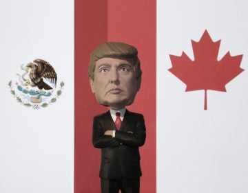 Bobble Head caricature of United States president Donald Trump standing between the flags of Mexico and Canada - NAFTA concept - North American Free Trade Agreement
