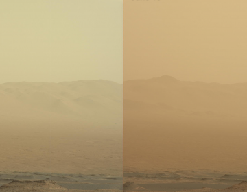 These two views from NASA's Curiosity rover, acquired specifically to measure the amount of dust inside Gale Crater, show that dust has increased over three days from a major Martian dust storm. The left-hand image shows a view of the east-northeast rim of Gale Crater on June 7, 2018 (Sol 2074); the right-hand image shows a view of the same feature on June 10, 2018 (Sol 2077).
NASA/JPL-Caltech/MSSS