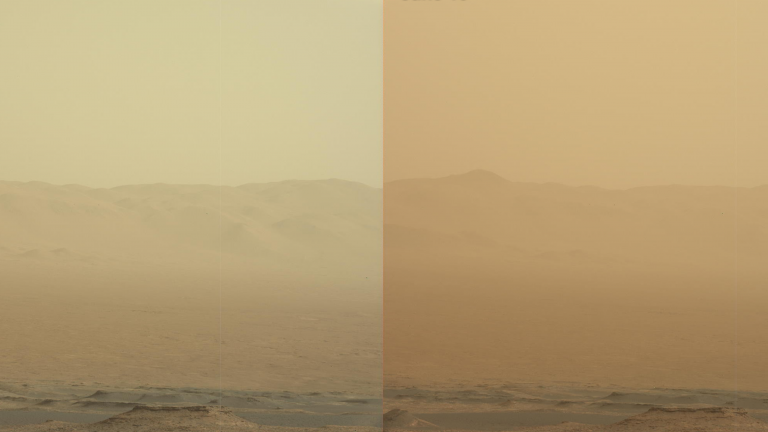 These two views from NASA's Curiosity rover, acquired specifically to measure the amount of dust inside Gale Crater, show that dust has increased over three days from a major Martian dust storm. The left-hand image shows a view of the east-northeast rim of Gale Crater on June 7, 2018 (Sol 2074); the right-hand image shows a view of the same feature on June 10, 2018 (Sol 2077).
NASA/JPL-Caltech/MSSS