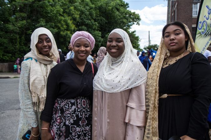 Aaliyah Muhsin, Sameerah Mushin, Arawa Cobbs and Najaih Muhammad attended an Eid al-Fitr celebration, marking the end of Ramadan.  (Kimberly Paynter/WHYY)