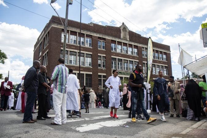 The Philadelphia Muslim community gathered at Clara Muhammad Square for an Eid al-Fitr celebration, marking the end of Ramadan. (Kimberly Paynter/WHYY)