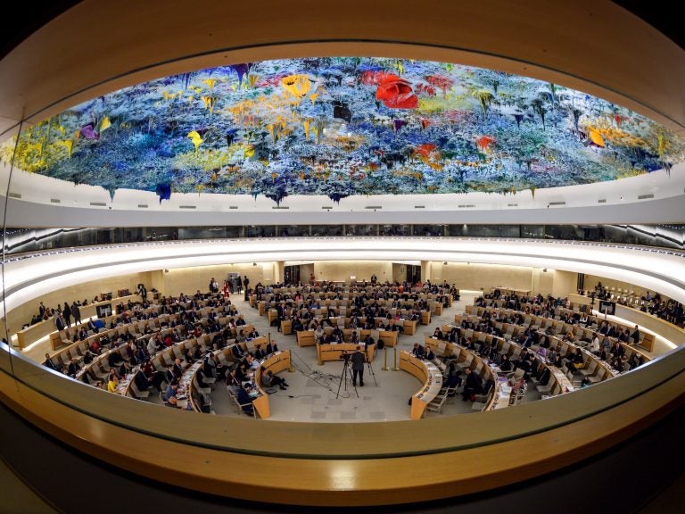 The United Nations Human Rights Council in Geneva, Switzerland, seen earlier this year during a presentation on the conflict in Syria. On Tuesday, Secretary of State Mike Pompeo and Ambassador Nikki Haley announced that the U.S. will be withdrawing from the council. (Fabrice Coffrini/AFP/Getty Images)
