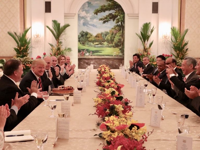 President Trump participates in a working luncheon hosted by Singapore's Prime Minister Lee Hsien Loong in Singapore on Monday. Officials from both delegations also attended the luncheon.
Photo by Ministry of Communications and Information, Republic of Singapore / Handout/Anadolu Agency/Getty Images