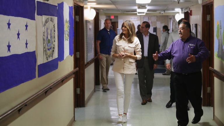 First lady Melania Trump walks through the facility after a round table discussion with doctors and social workers at the Upbring New Hope Childrens Center operated by Lutheran Social Services of the South on Thursday in McAllen, Texas. (Chip Somodevilla/Getty Images)