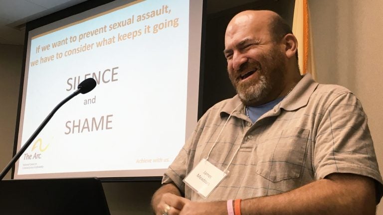 James Meadours delivers the keynote address at a summit in New Jersey to propose reforms to prevent sexual abuse of people with intellectual disabilities. Meadours, a rape survivor with an intellectual disability, travels the country to raise awareness. (Joseph Shapiro/NPR)