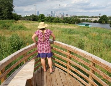 Environmental artist Stacy Levy looks toward the Schuylkill River from the prow of one of her boatlike 