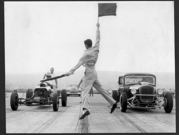 The starting flag at Convair Field speedway in Allentown in 1956. (Courtesy Joseph McNally)