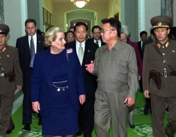 North Korean leader Kim Jong Il and Secretary of State Madeleine Albright met in Pyongyang on Oct. 23, 2000. Tong Kim (between Albright and Kim) served as the State Department interpreter.