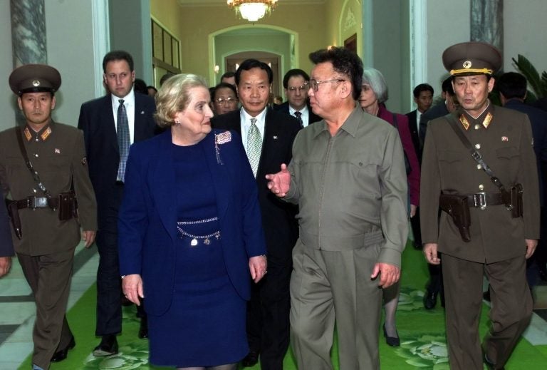 North Korean leader Kim Jong Il and Secretary of State Madeleine Albright met in Pyongyang on Oct. 23, 2000. Tong Kim (between Albright and Kim) served as the State Department interpreter.