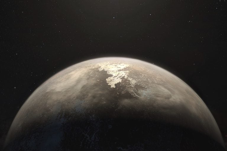 This artist’s impression shows the temperate planet Ross 128 b, with its red dwarf parent star in the background. This planet, which lies only 11 light-years from Earth, was found by a team using ESO’s unique planet-hunting HARPS instrument. The new world is now the second-closest temperate planet to be detected after Proxima b. It is also the closest planet to be discovered orbiting an inactive red dwarf star, which may increase the likelihood that this planet could potentially sustain life. Ross 128 b will be a prime target for ESO’s Extremely Large Telescope, which will be able to search for biomarkers in the planet's atmosphere.
