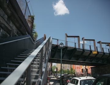 Stairs up to the Rail Park from the 1100 block of Callowhill, May 2018