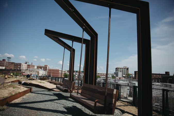 Swings suspended over Callowhill in the Rail Park, May 2018