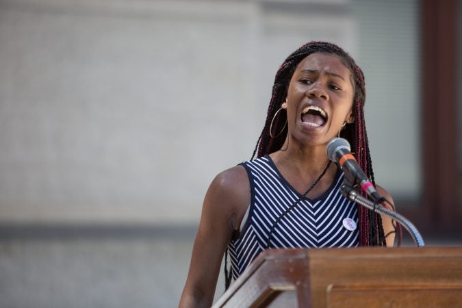 Dena Hill, 15, gives an impassioned speech about how gun violence has affected her community and how necessary gun reform and voting is. Around 70 supporters gathered together for a march from the Philadelphia Art Museum to Independence Mall 105 days after the 