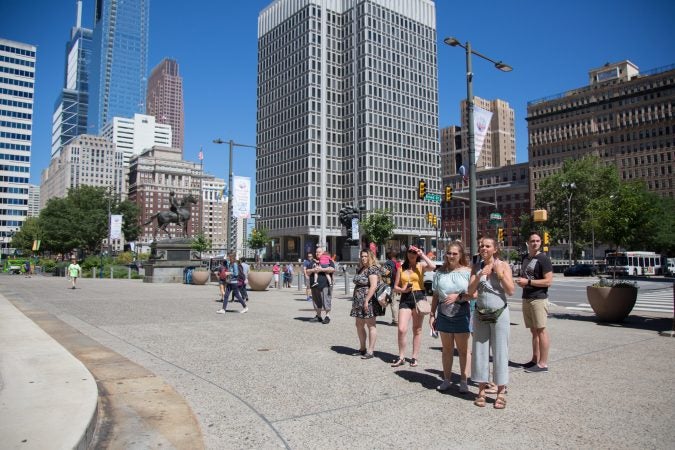 Tourist stop by to listen to speeches. Around 70 supporters gathered together for a march from the Philadelphia Art Museum to Independence Mall 105 days after the 