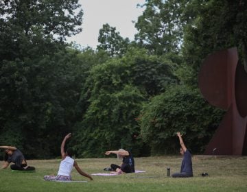 Locals gather in in the Copeland Sculpture Garden at the Delaware Art Museum for some morning yoga. (Emily Cohen for WHYY)