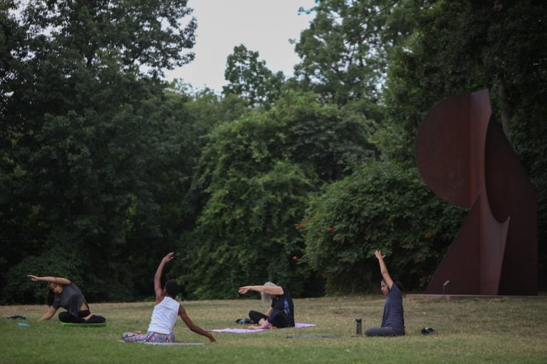 Locals gather in in the Copeland Sculpture Garden at the Delaware Art Museum for some morning yoga. (Emily Cohen for WHYY)