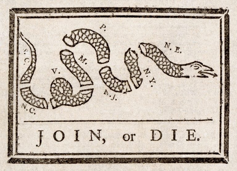 This political cartoon (attributed to Benjamin Franklin) was to encourage the American colonies to join the Albany Plan for Union. From The Pennsylvania Gazette, May 9, 1754. (Benjamin Franklin [Public domain], via Wikimedia Commons)